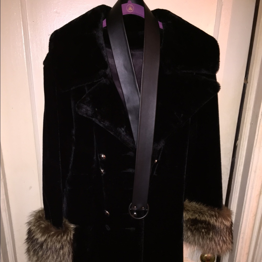 Velvet and fur knee length coat